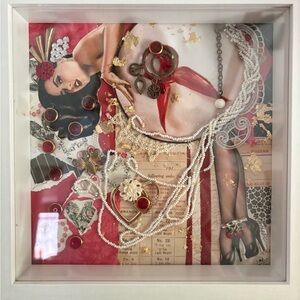 Vintage Pin-Up Art Shadow Box with Red Accents